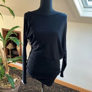 Tart asymmetrical black top, buttery tunic length or gather at the waist size XS